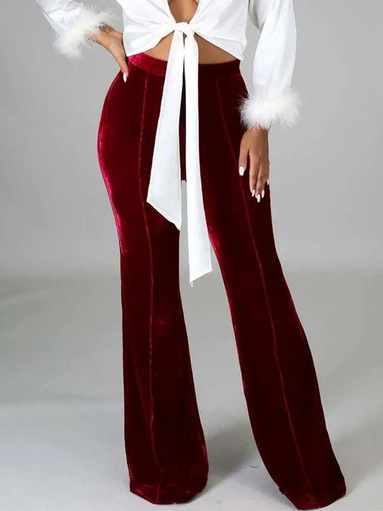 Velvet Velour Flared Bell Bottoms High Waist Pants