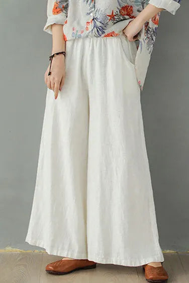 White Linen Blend Palazzo Pants - Elastic Waist, Relaxed Fit 2866