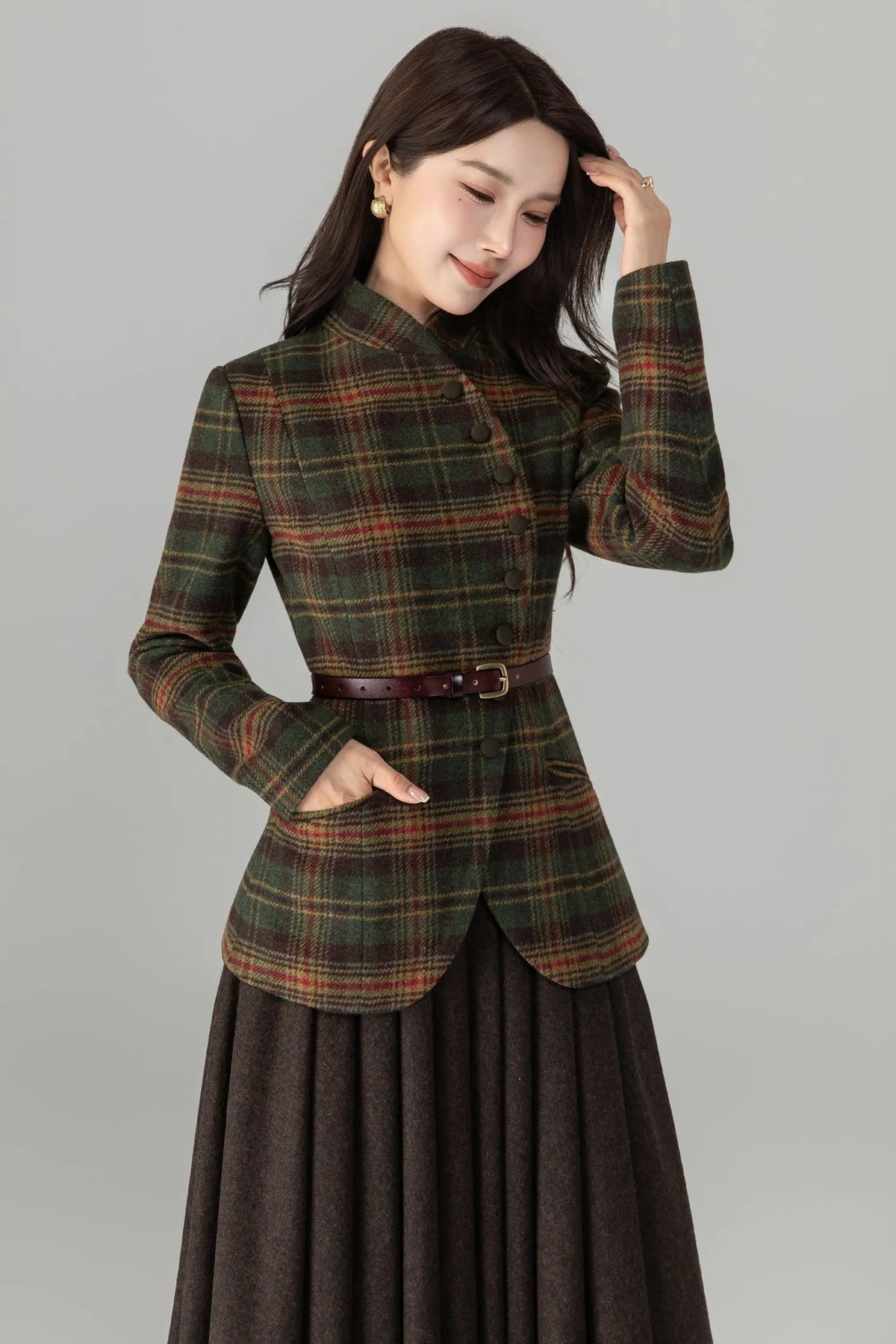 Army Green Wool Blend Plaid Top - Fit and Flare Button Front 6989