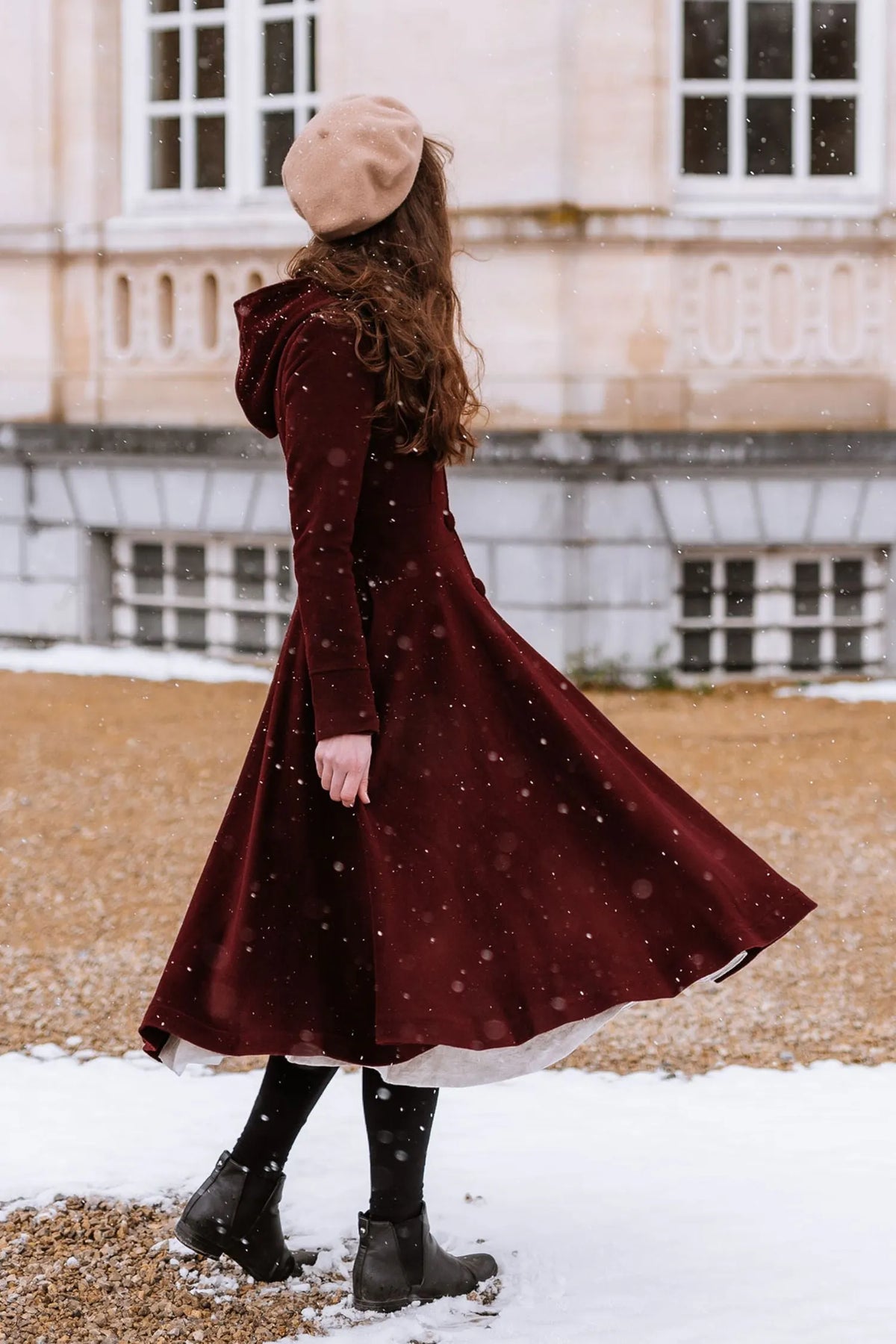 Burgundy Hooded Wool Coat – Romantic Fit & Flare Winter Midi 
