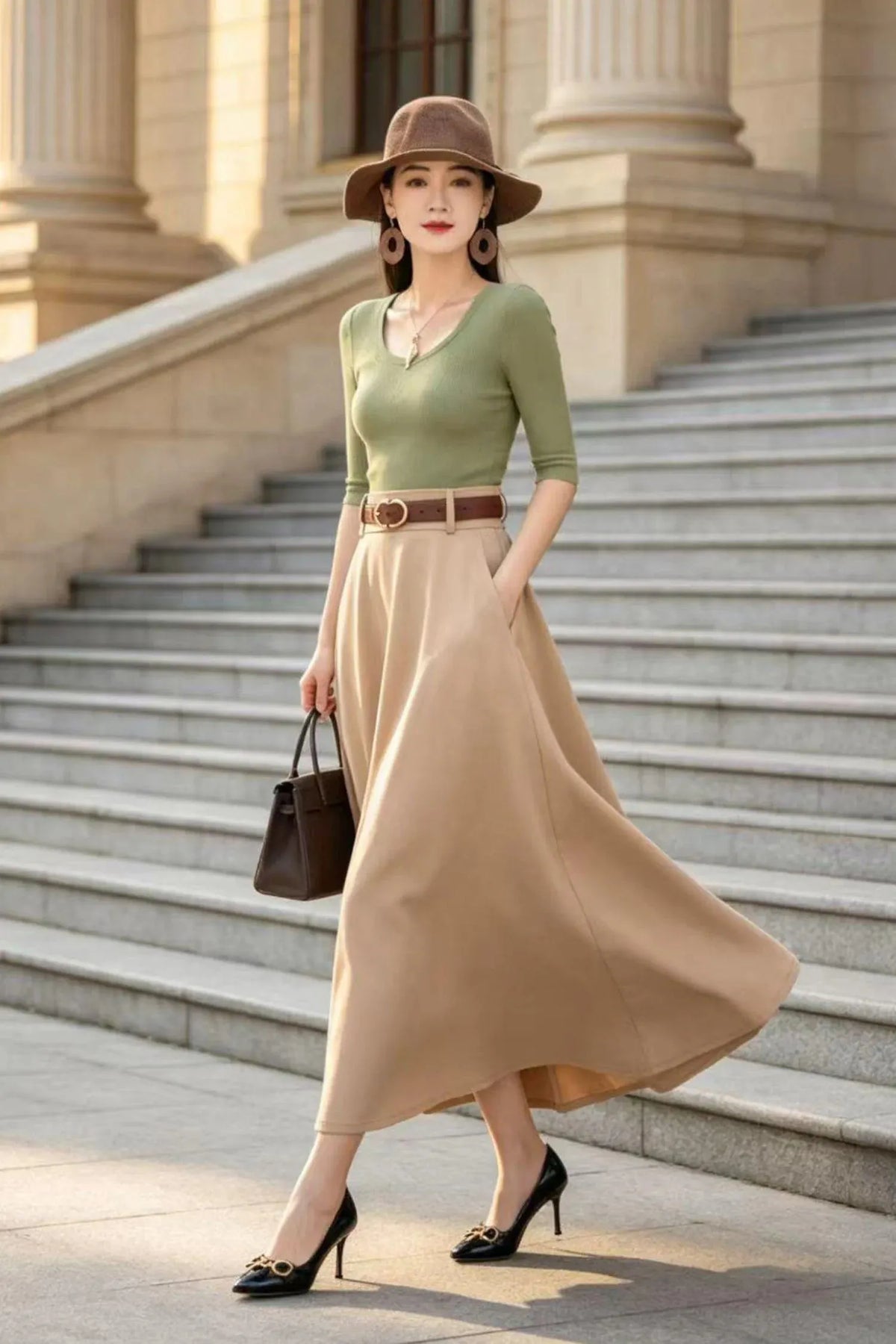 Khaki Cotton Blend Maxi Skirt - High-Waisted A-Line Swing Silhouette 6794
