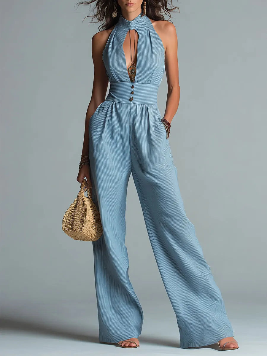 Retro Striped Wide-Leg Jumpsuit With Keyhole Neckline