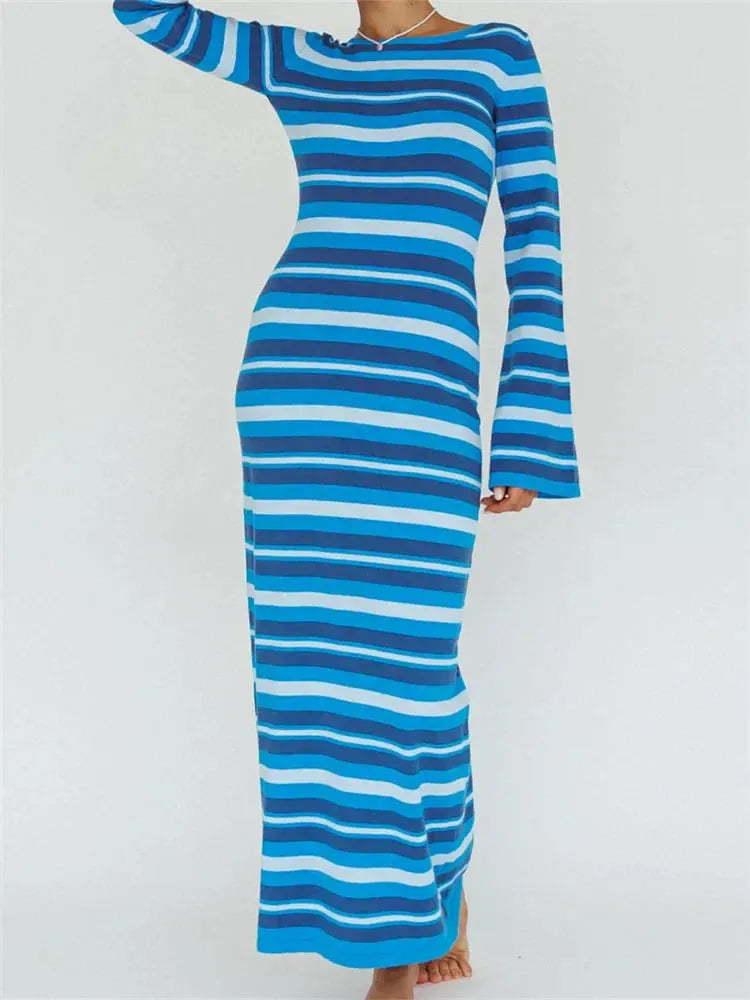 Sexy Women Knitted Sleeve Crew Neck Backless Tie-up Striped Print Slim Fit Spring Fall Vestidos