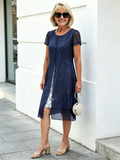 Navy Blue Printed Mesh Layered Midi Dress, Round Neck Short Sleeve Straight A-Line Tummy Concealing Dress for Mature Wom