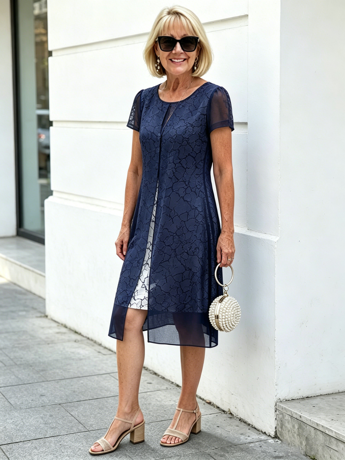 Navy Blue Printed Mesh Layered Midi Dress, Round Neck Short Sleeve Straight A-Line Tummy Concealing Dress for Mature Wom