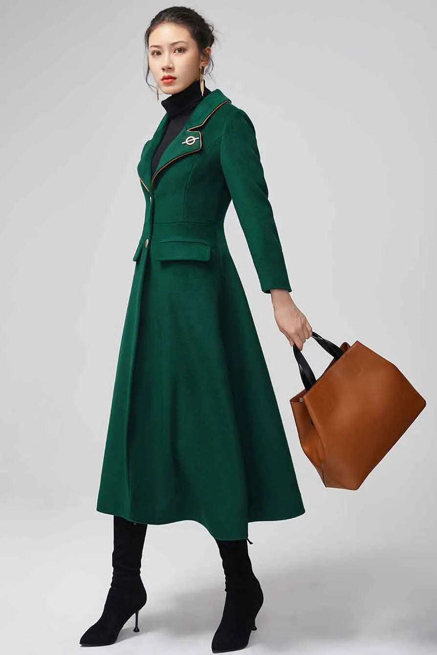 Emerald Green Wool Maxi Coat - Fitted Waist, Flowing Skirt 2202