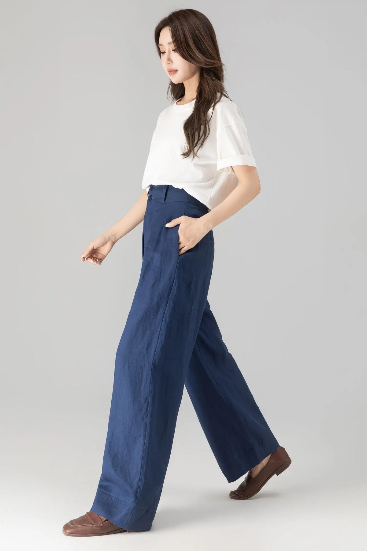 Blue Linen Cotton Wide Leg Pants - Palazzo High Rise 