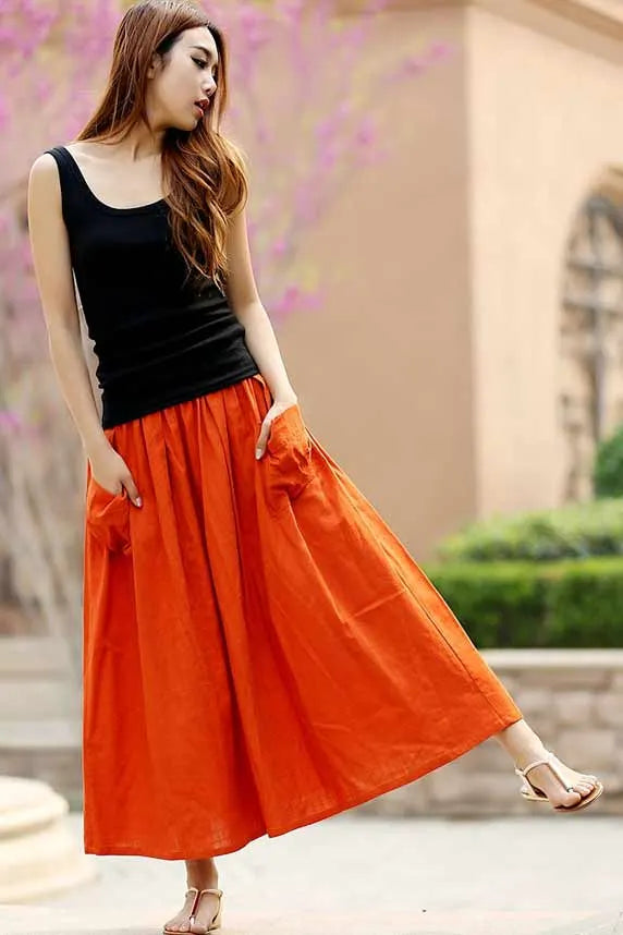 Orange Linen Maxi Skirt - Oversized Pocket and Elastic Waist 958