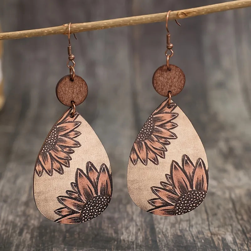 Unique Droplet Shape Wooden Dangle Earrings - Retro Bohemian Style, Sunflower Print, Trendy Female Ear Ornaments with Na