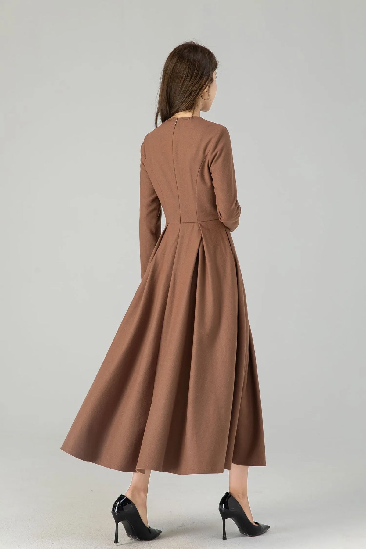 Dark Green Wool Midi Dress - Swing Silhouette with Detachable Cape 4560