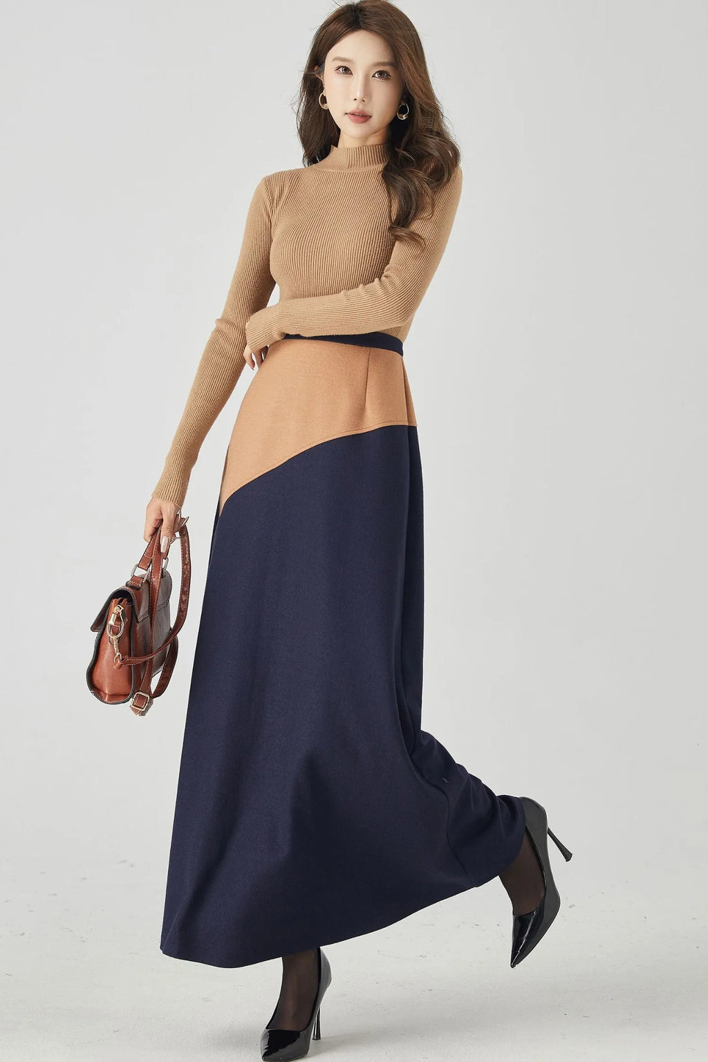 Camel and Navy Wool A-Line Maxi Skirt - Patchwork Slimming Fit 4537