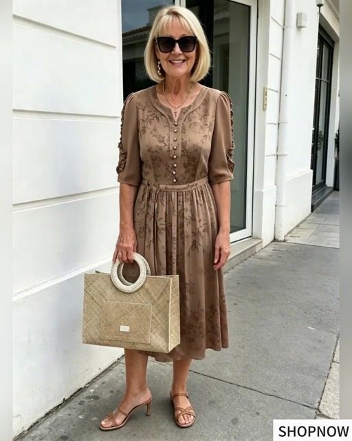 Coffee Brown Floral Print Midi Dress, Split Neck Button Front Ruffle 3/4 Sleeve Tie Waist Slimming Dress for Mature Wome