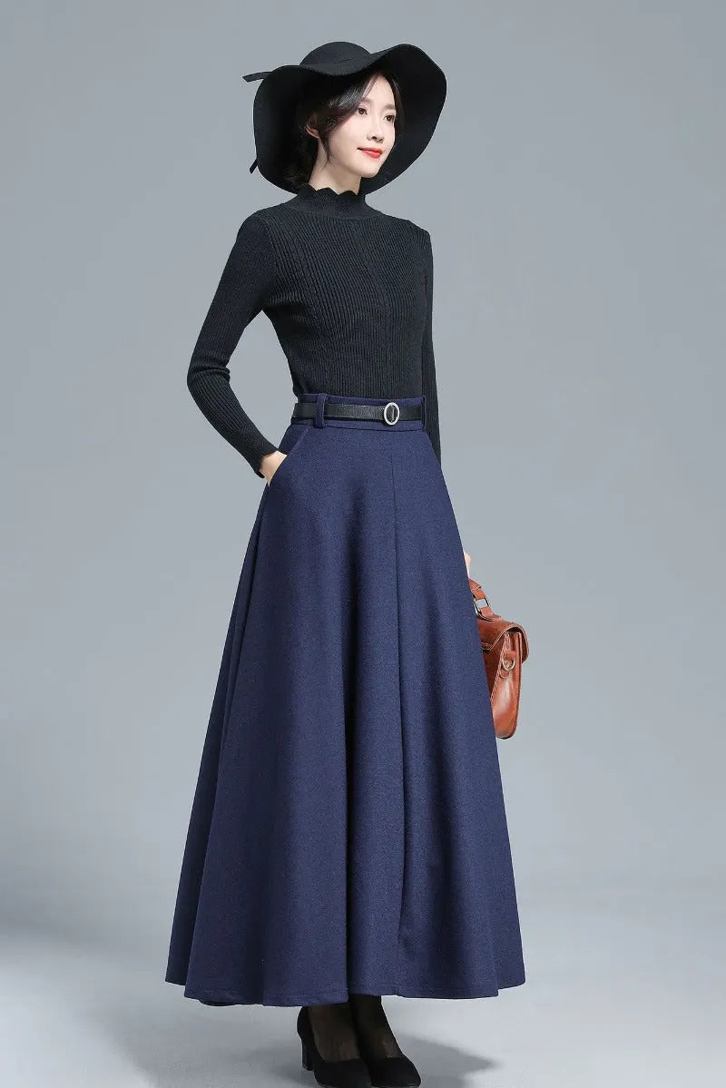Navy Wool Maxi Skirt - High Waist, Elastic Back 3140