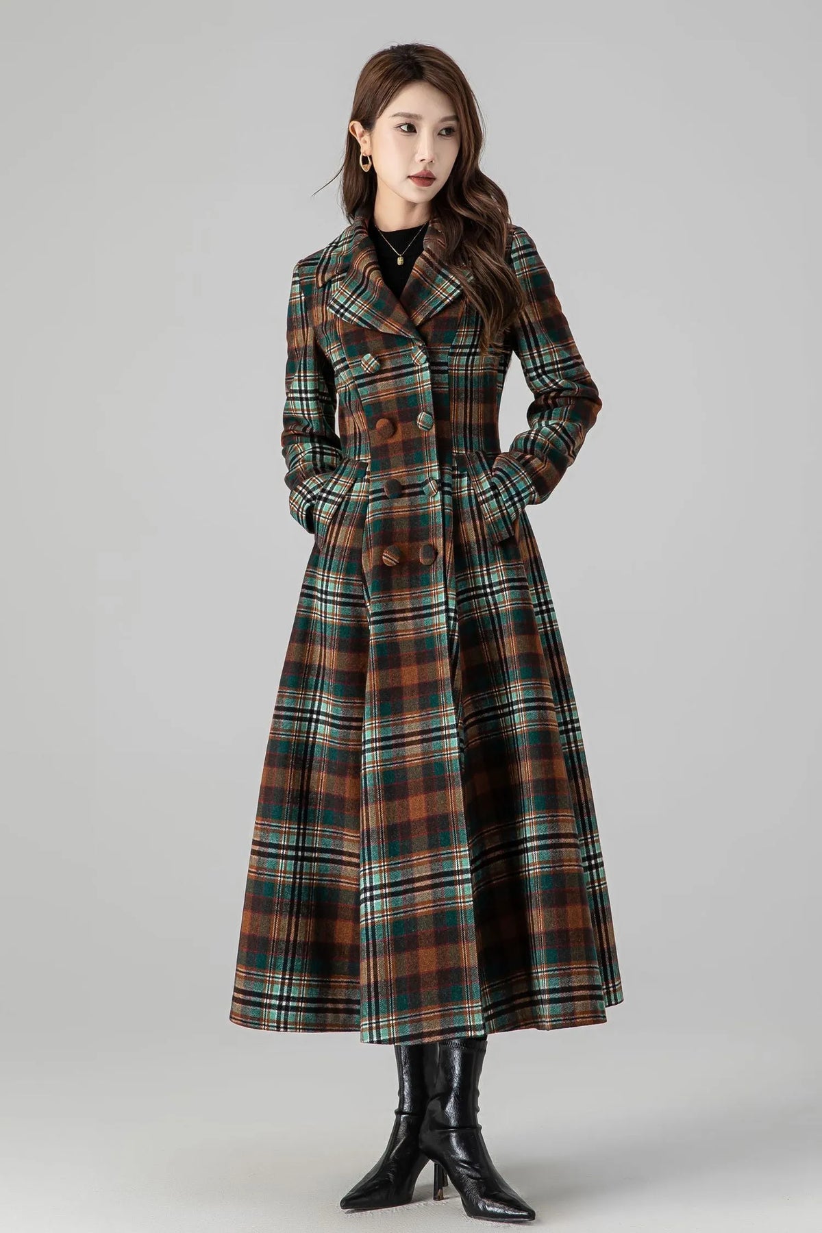 Brown Wool Fit-and-Flare Long Coat - Double-Breasted Plaid 4510
