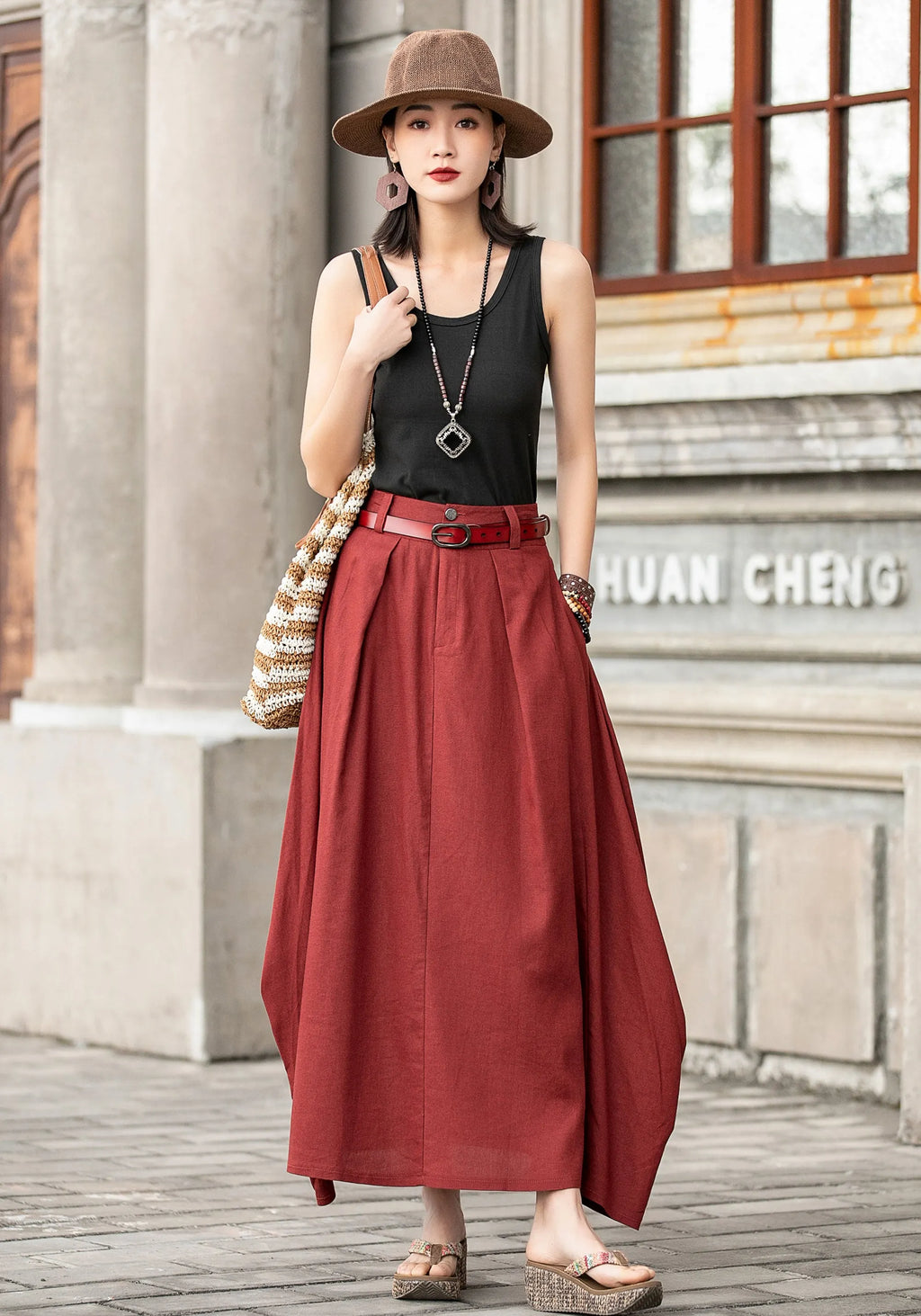 Handmade Linen Maxi Skirt – Red Asymmetrical Long Skirt for Women 