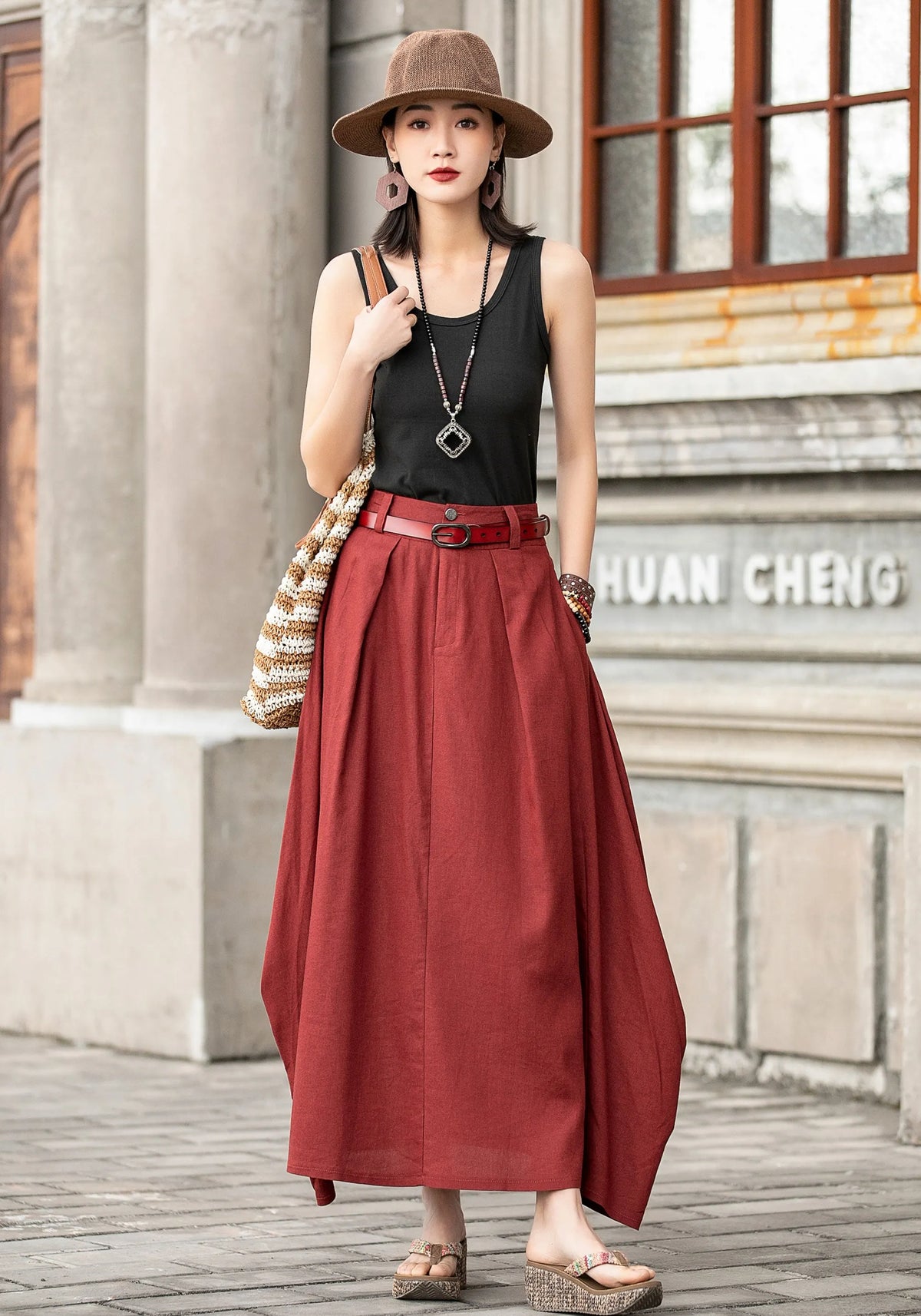 Handmade Linen Maxi Skirt – Red Asymmetrical Long Skirt for Women 
