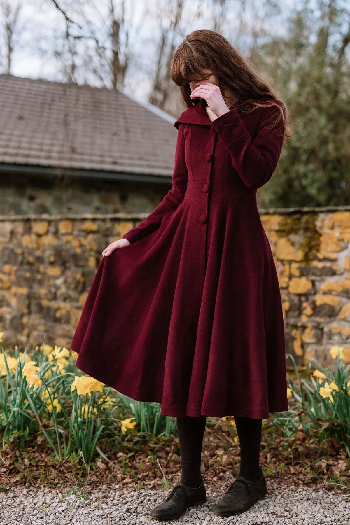 Burgundy Hooded Wool Coat – Romantic Fit & Flare Winter Midi 
