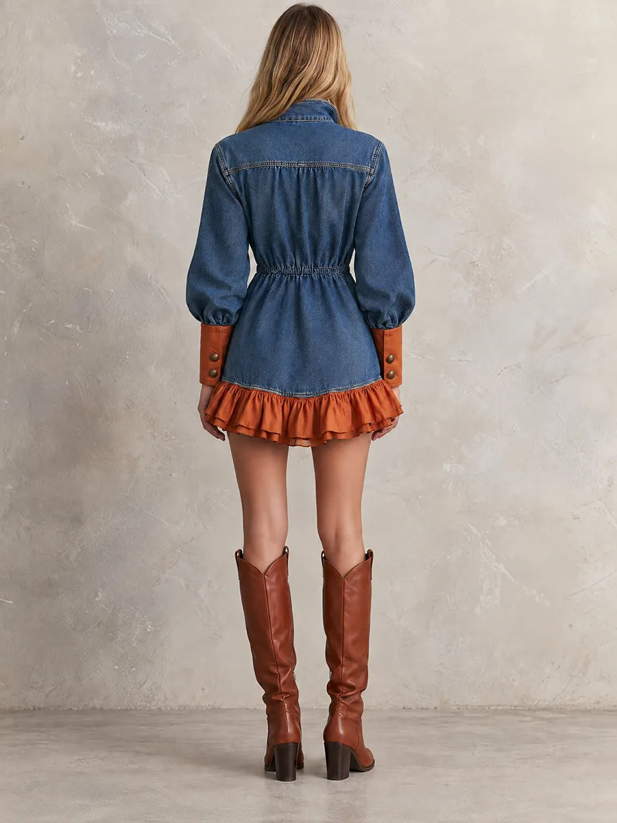 Blue Denim Ruffle Hem Button Front Mini Dress