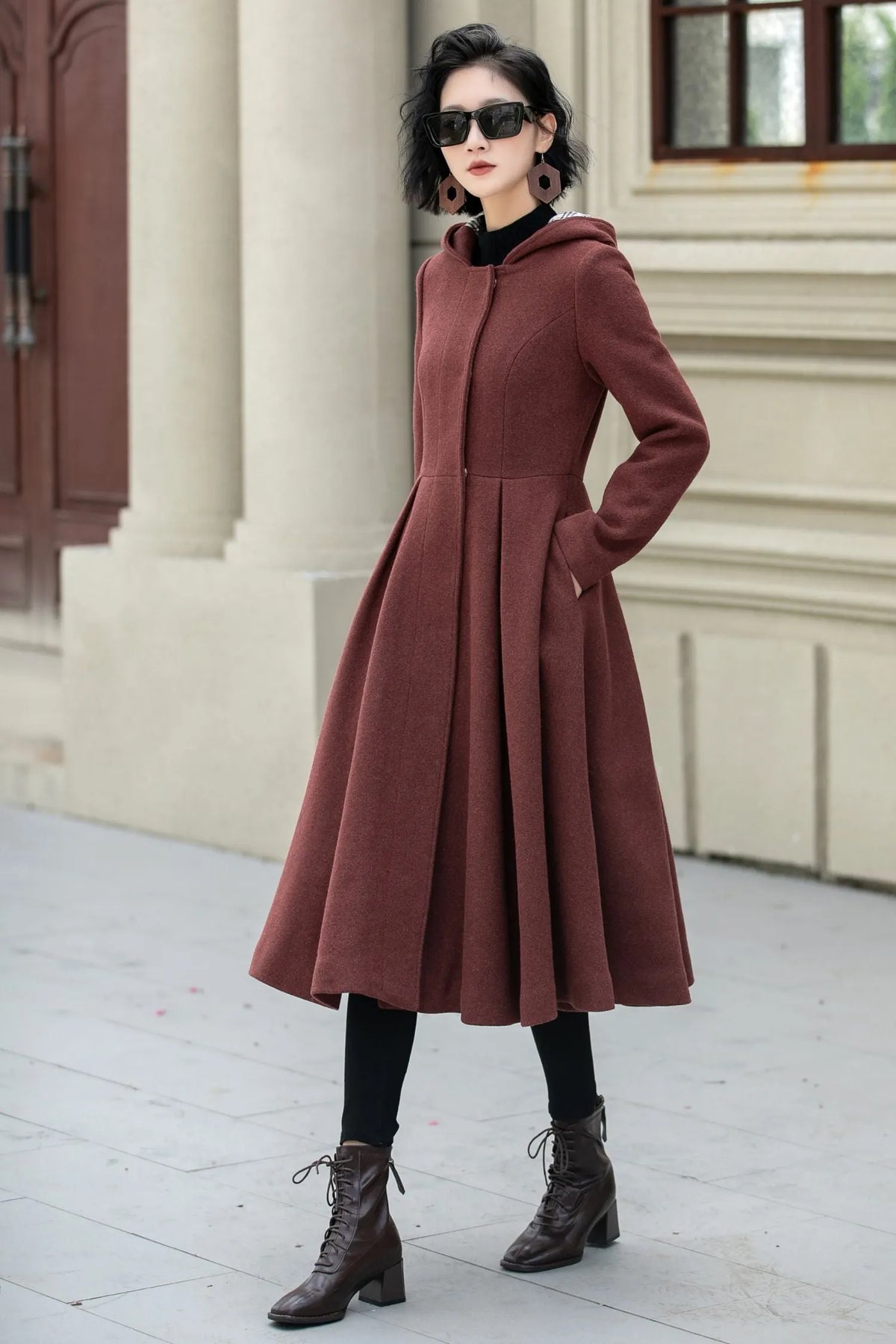 Rust Wool A Line Winter Coat - Hooded Swing Silhouette 5347
