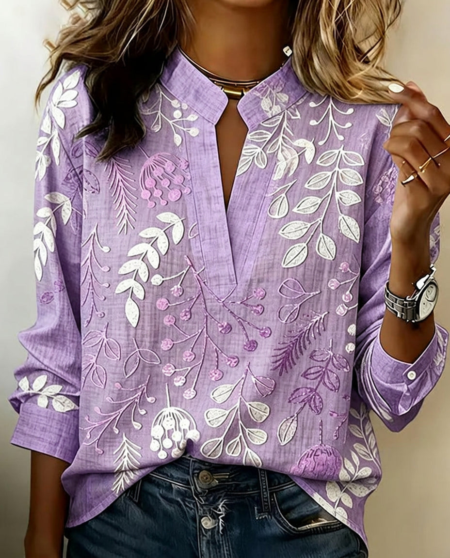 Women's V-Neck Floral Embroidered Blouse, Long Sleeve Notch Collar Linen Blend Top
