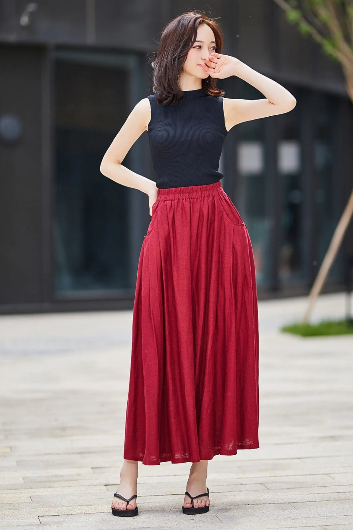 Red Linen Cotton Maxi Skirt - Pleated Pockets Flared 