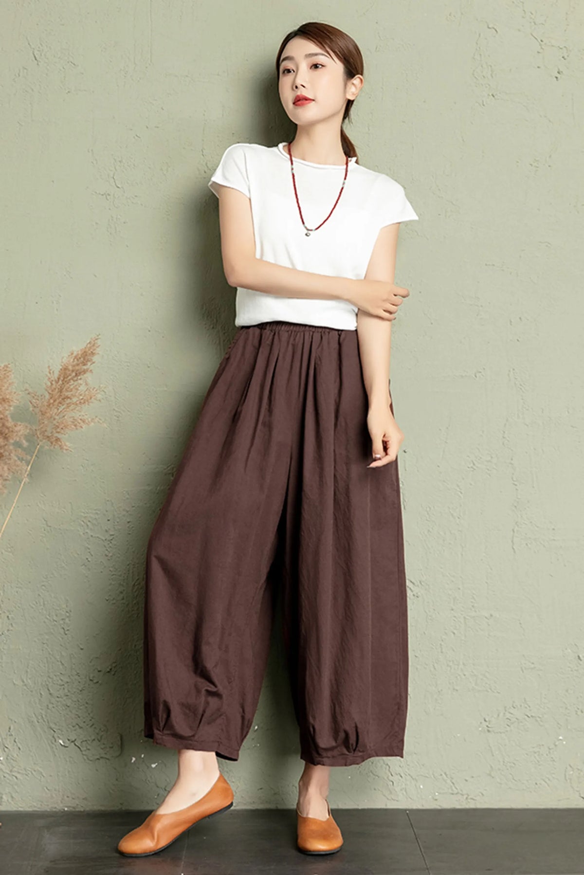 Linen Wide Leg Pants Women - High Waist Elastic 