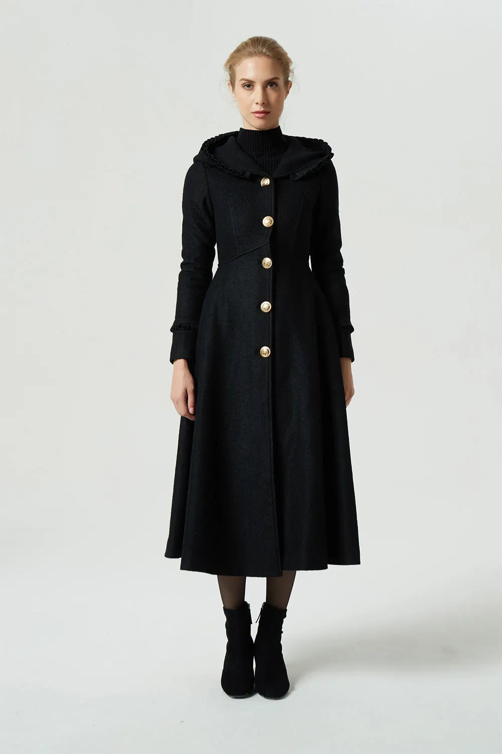 Vintage Wool Coat for Women – Handmade Black Hooded Fit and Flare Maxi Coat with Gold Buttons 