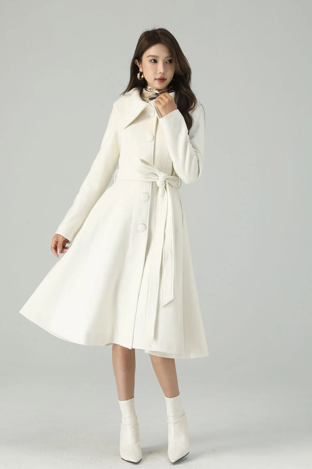White Wool Blend Knee-Length Coat - Princess Silhouette with Belt 4520