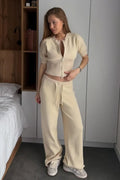 Cropped Zip Knit Top Wide Leg Pants Set