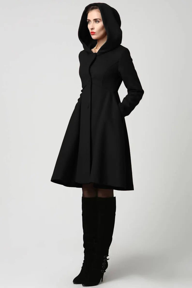 Vintage Wool Blend Hooded Coat – Handmade Winter Overcoat 2647