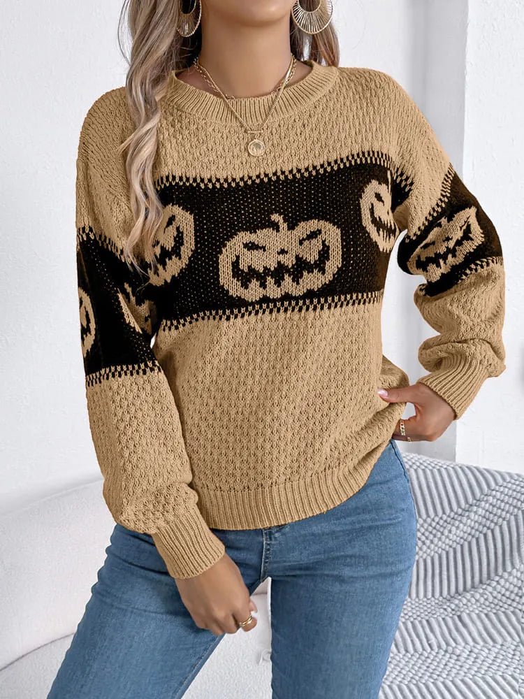 Halloween Pumpkin Head Color-Block Crew Neck Knit Sweater