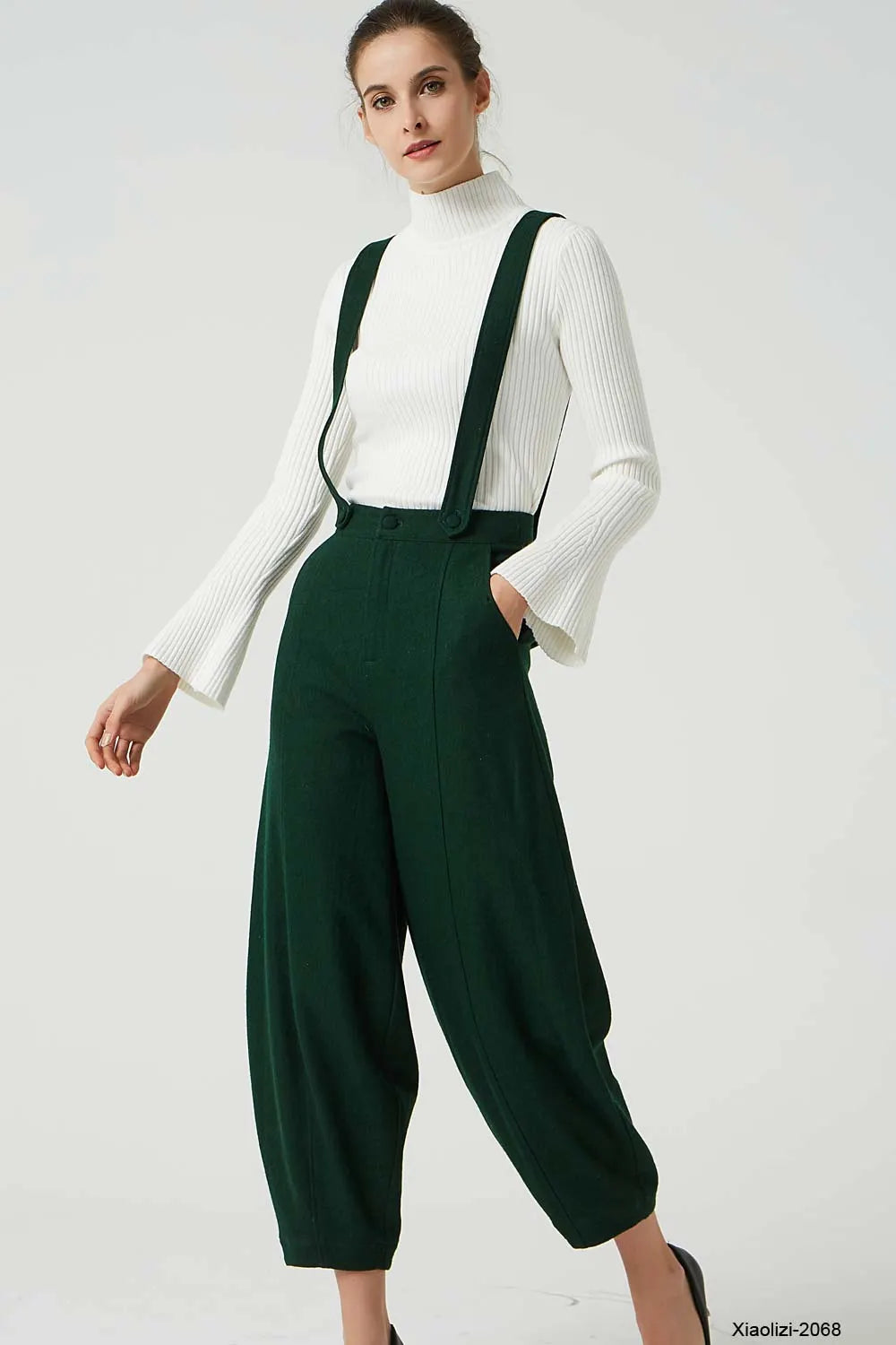 Army Green Wool Suspender Pants - Loose Fit with Pockets 2068