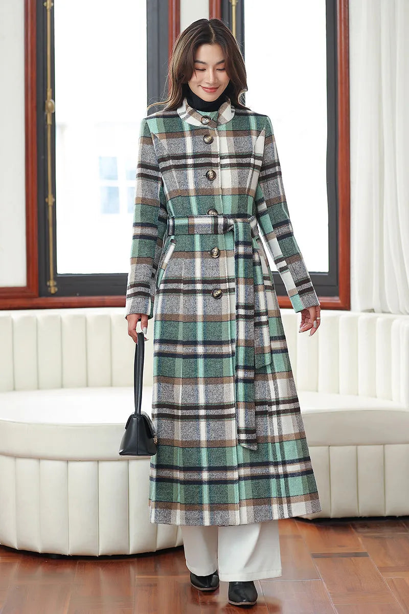 Handmade Green Plaid Wool Coat – Vintage Belted Long Winter Overcoat 