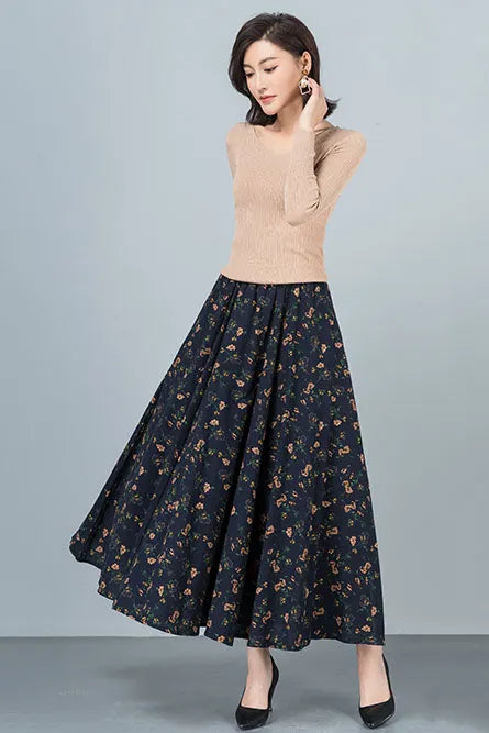 Floral Cotton Linen Maxi Skirt - High Waist Elastic A-Line 4109