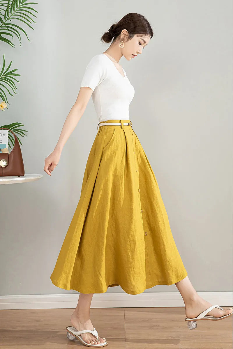 Handmade Linen Cotton Midi Skirt with Pockets 