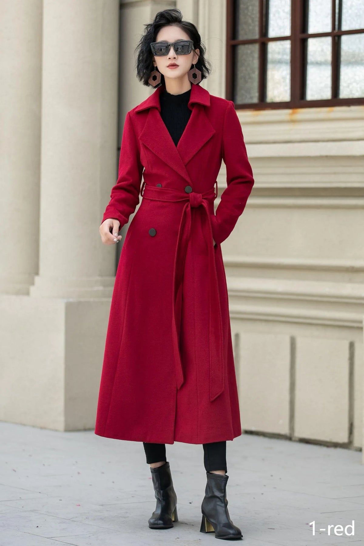Red Wool Maxi Coat - Double-Breasted Fit & Flare Silhouette 5348