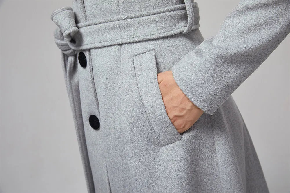 Light Grey Wool Coat – Women’s Vintage Stand Collar Winter Midi Coat with Belt 2205