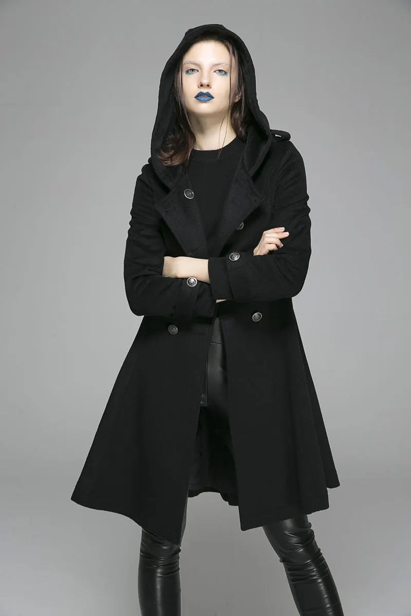 Vintage Wool Coat for Women – Handmade Black Hooded Double Breasted Military Winter Coat 