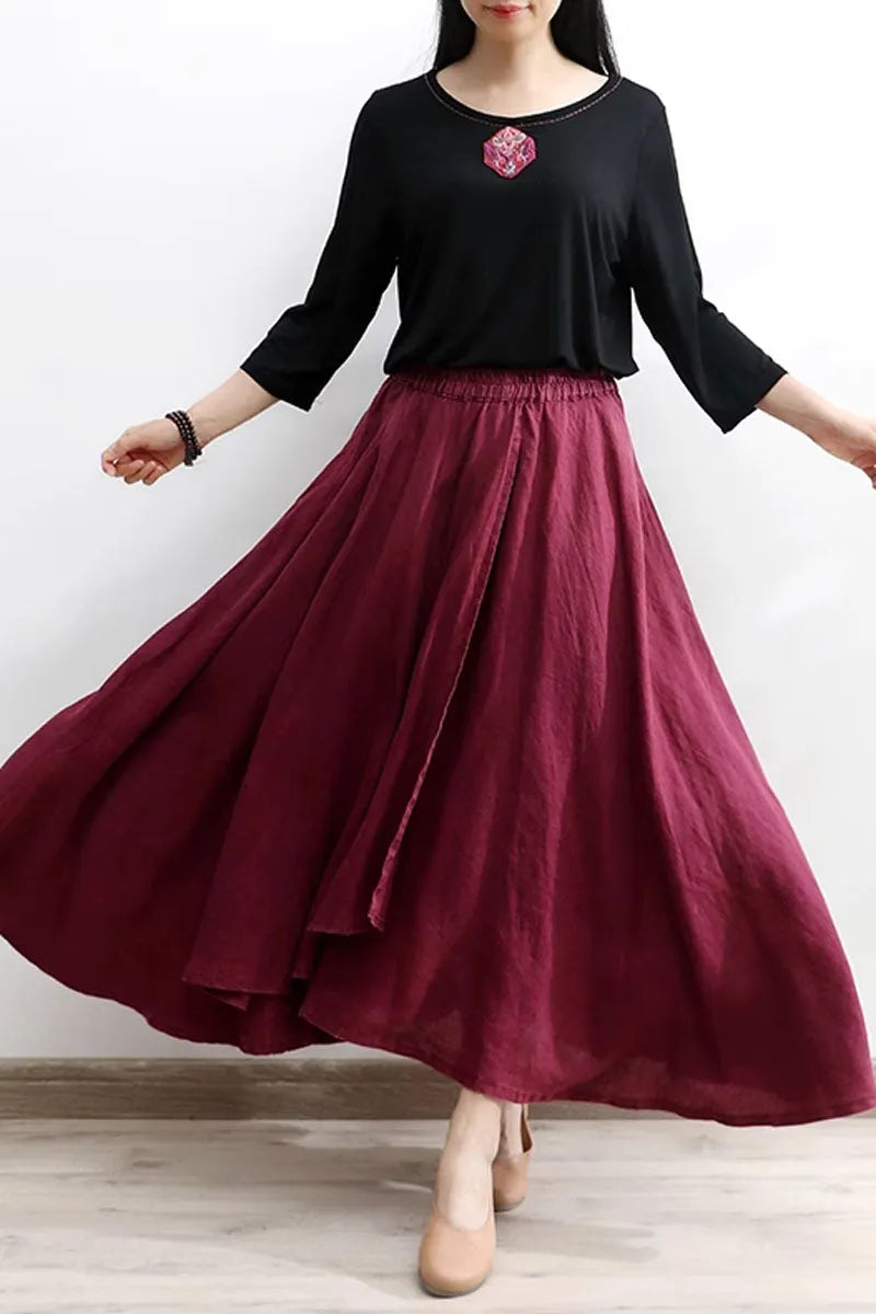 Burgundy Linen Cotton Maxi Skirt - Asymmetrical Soft Flow 4301