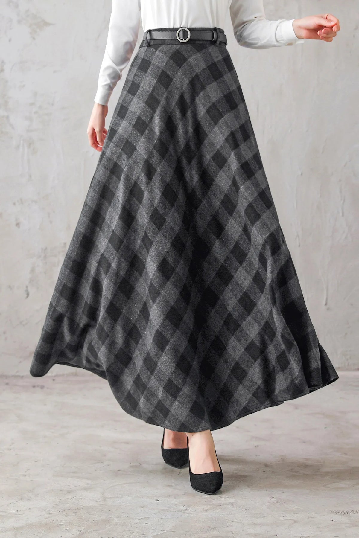 Plaid Wool Maxi Skirt - A-Line Flared Satin Lined 