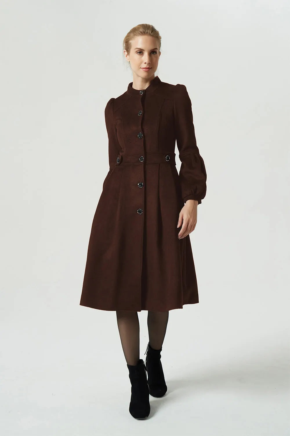Brown Wool Blend Fit and Flare Dress Coat - Tailored Waist, Button Front 6312