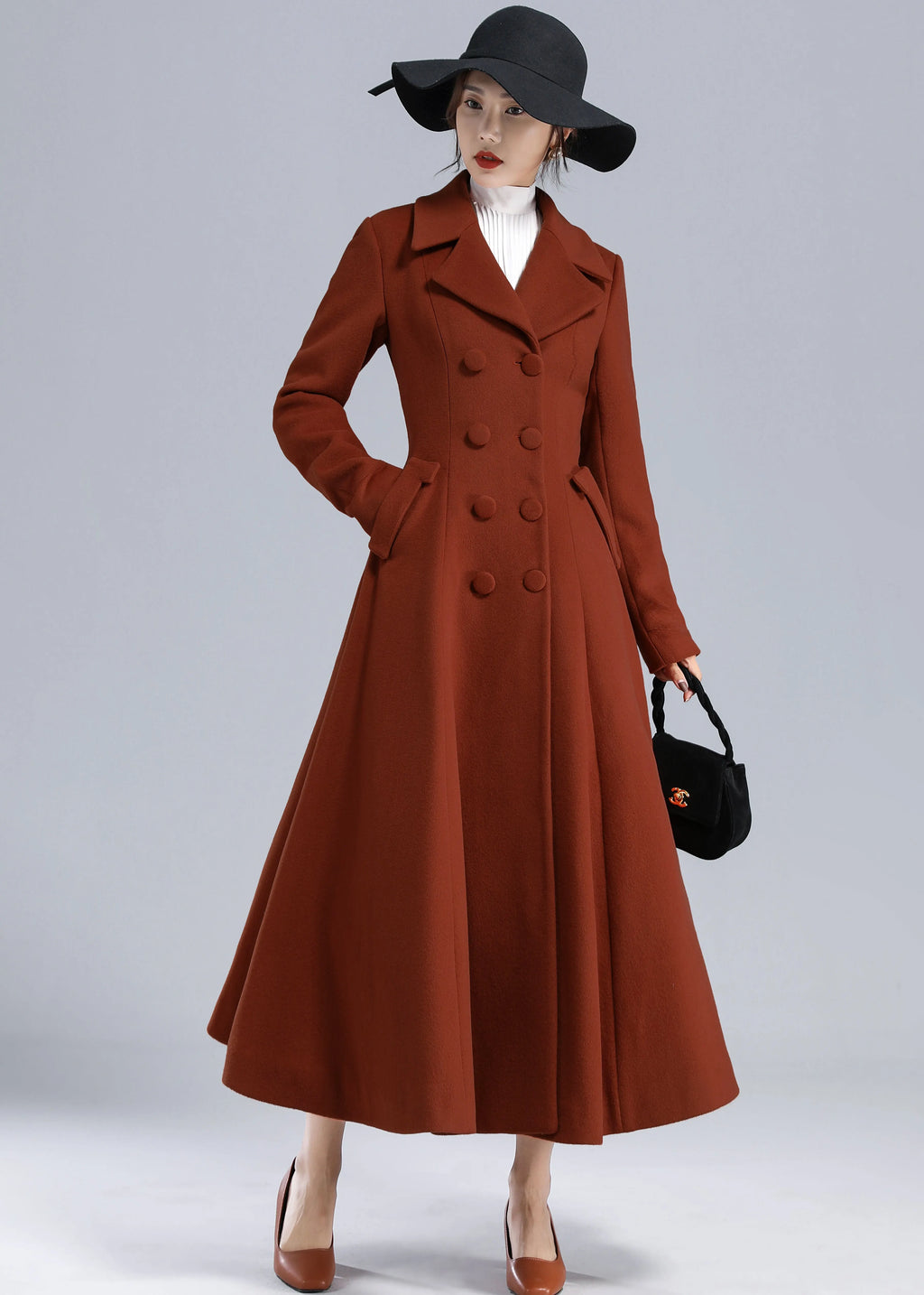 Rust Red Wool Maxi Coat – Statement Double Breasted Swing Overcoat 5495