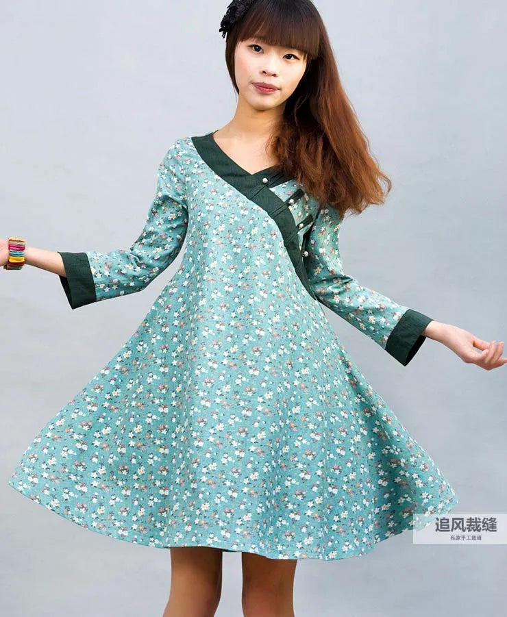 Handmade Green Floral Linen Shirt Dress – Loose Long Top with Buttons 