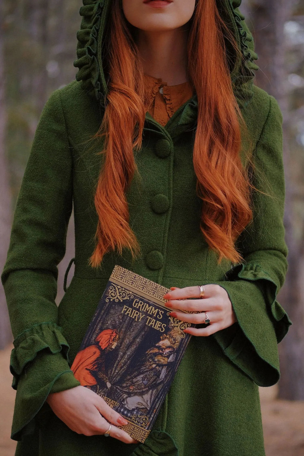 Green Wool Coat with Hood and Ruffled Trim - Long, Flowy Silhouette 3967