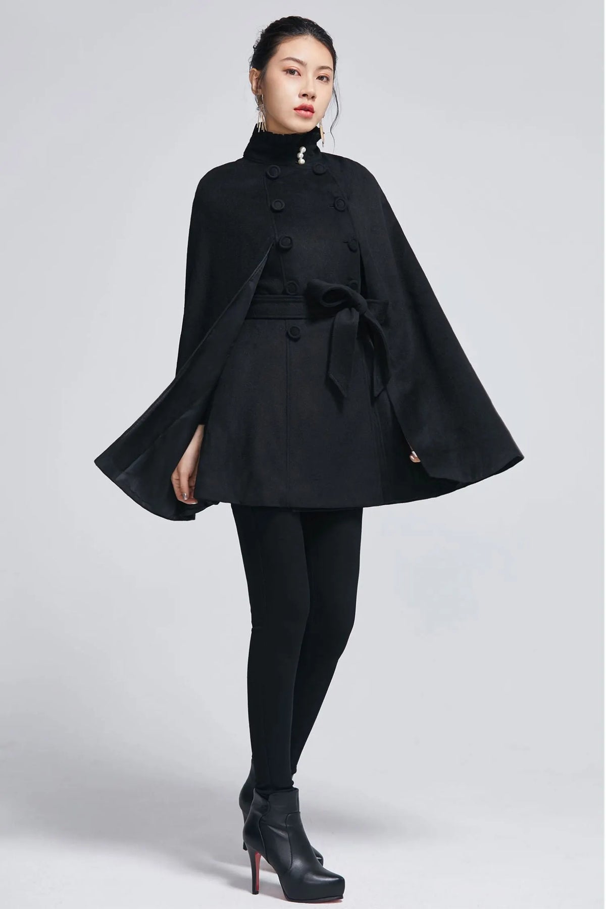 Black Wool Cape Coat - Stand Collar with Ruffle Accents 2278