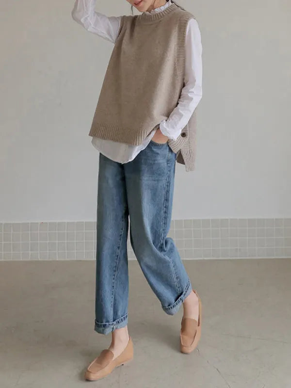 Simple Sleeveless Loose Buttoned Solid Color Round-Neck Sweater Vest Outerwear