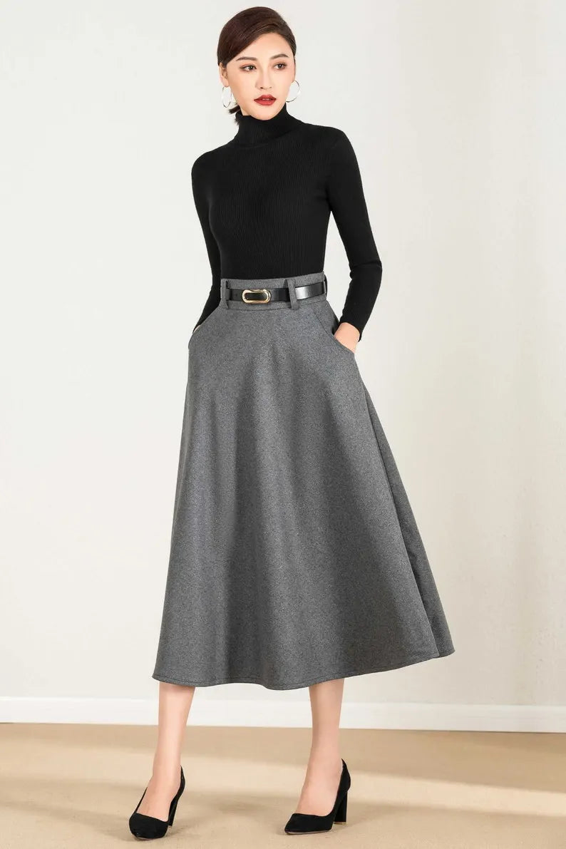 Gray Wool A-Line Maxi Skirt - Elegant Flowy Silhouette 2428
