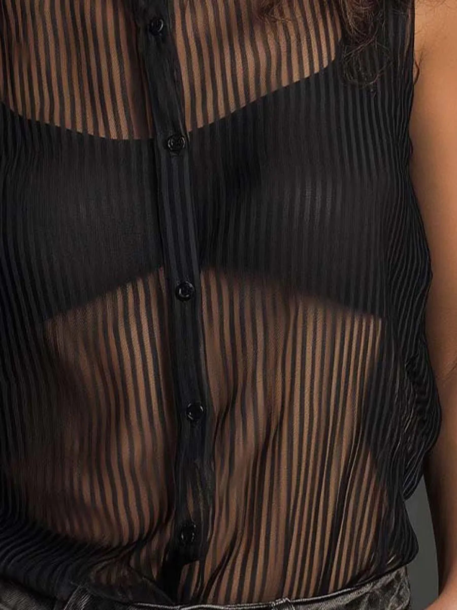 Vintage Vertical Striped Sheer Crew Neck Button Front Sleeveless Tank