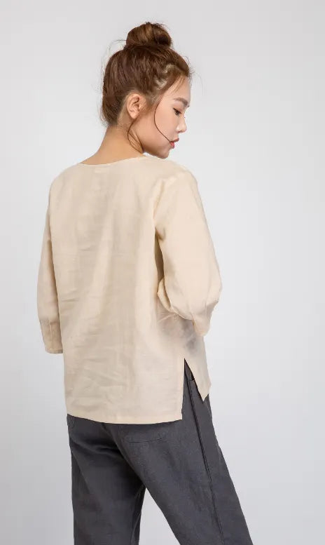 Beige Linen Blouse for Women – Pintuck Shoulder Top, 3/4 Sleeve Summer Shirt 1929