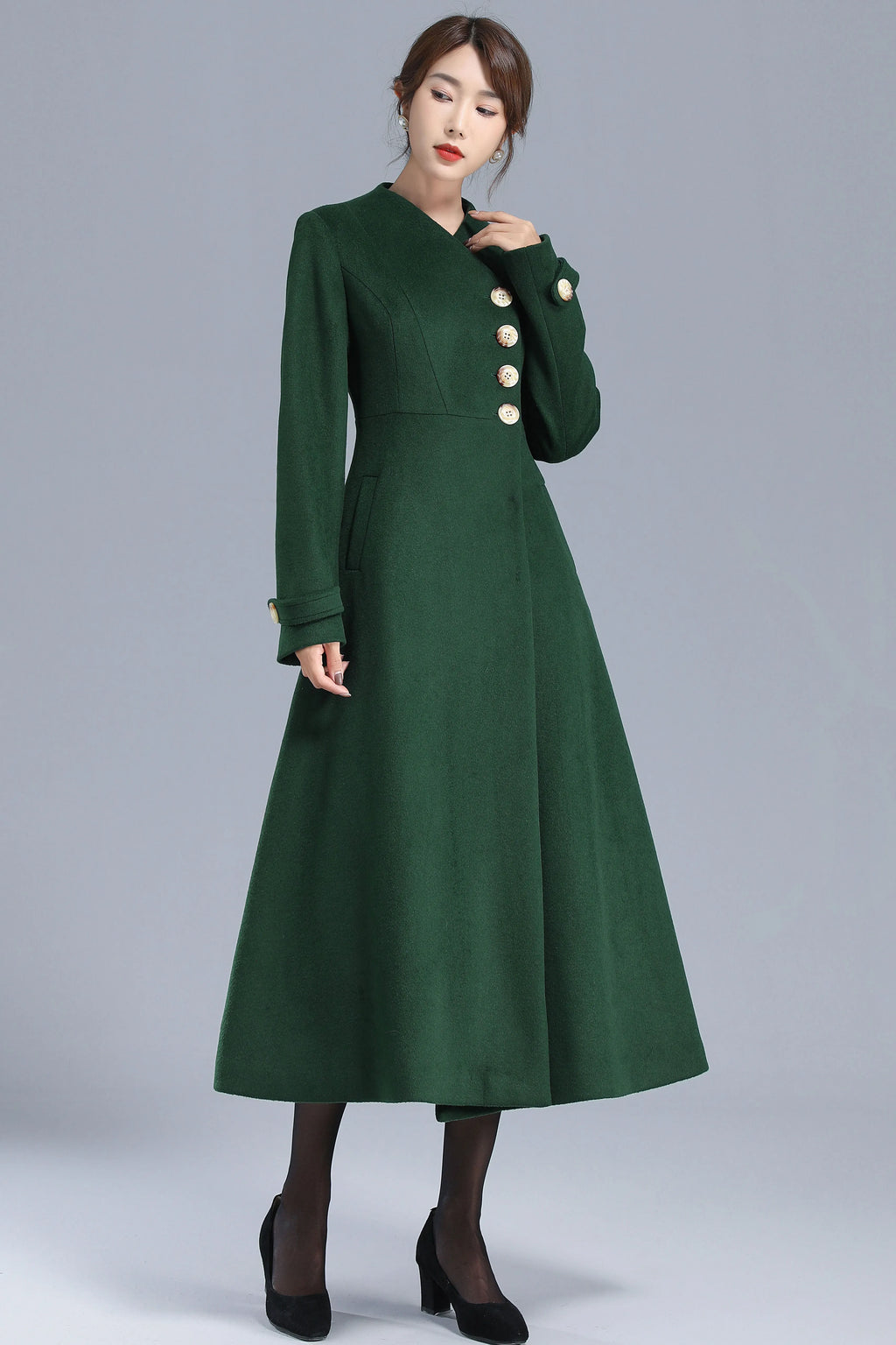 Emerald Green Wool Blend Trench Coat - Fit and Flare Silhouette 3207
